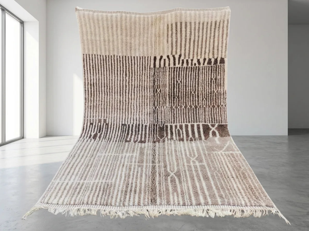 Beni Ourain wool rug, cream ground with dense dark lines and horizontal bands, product view 2