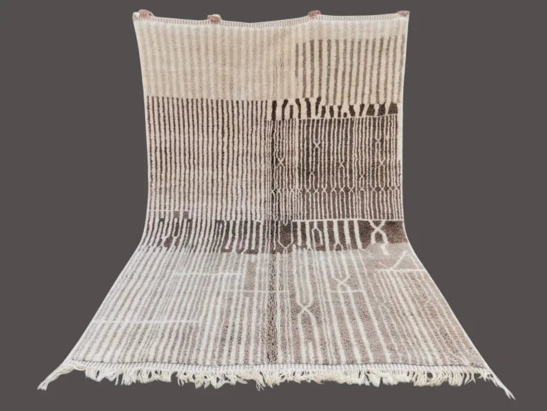 Beni Ourain wool rug, cream ground with dense dark lines and horizontal bands, product view 4