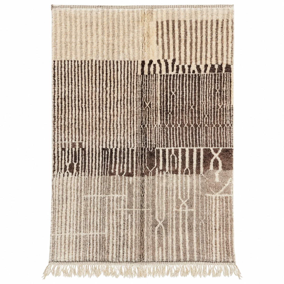 Front view of Beni Ourain wool rug, cream ground with dense dark lines and horizontal bands