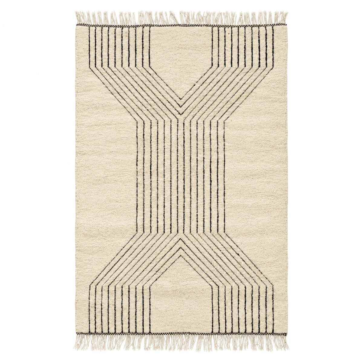 Front view of Beni Ourain wool rug, cream ground with fanned black lines and a horizontal center