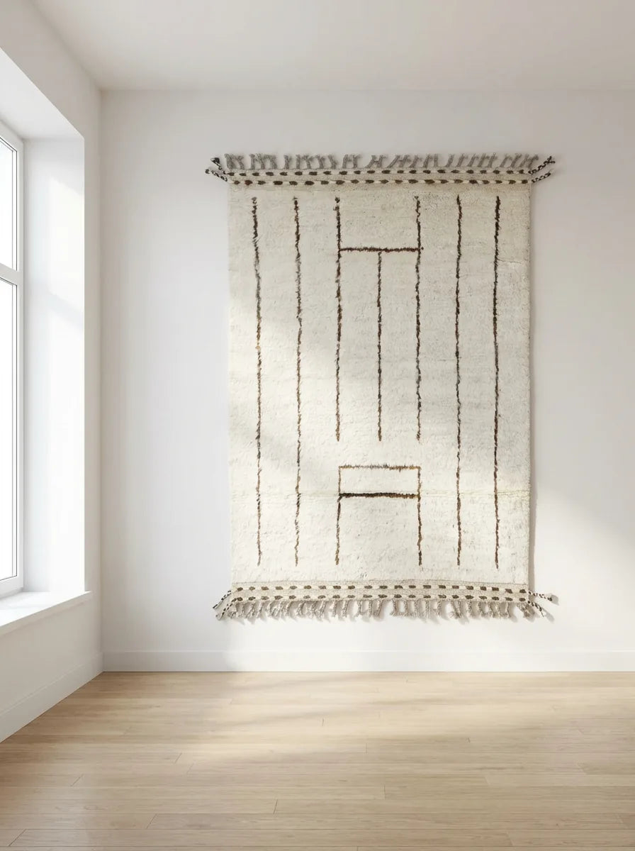 Beni Ourain wool rug, cream ground with fine black lines and small rectangles, product view 2