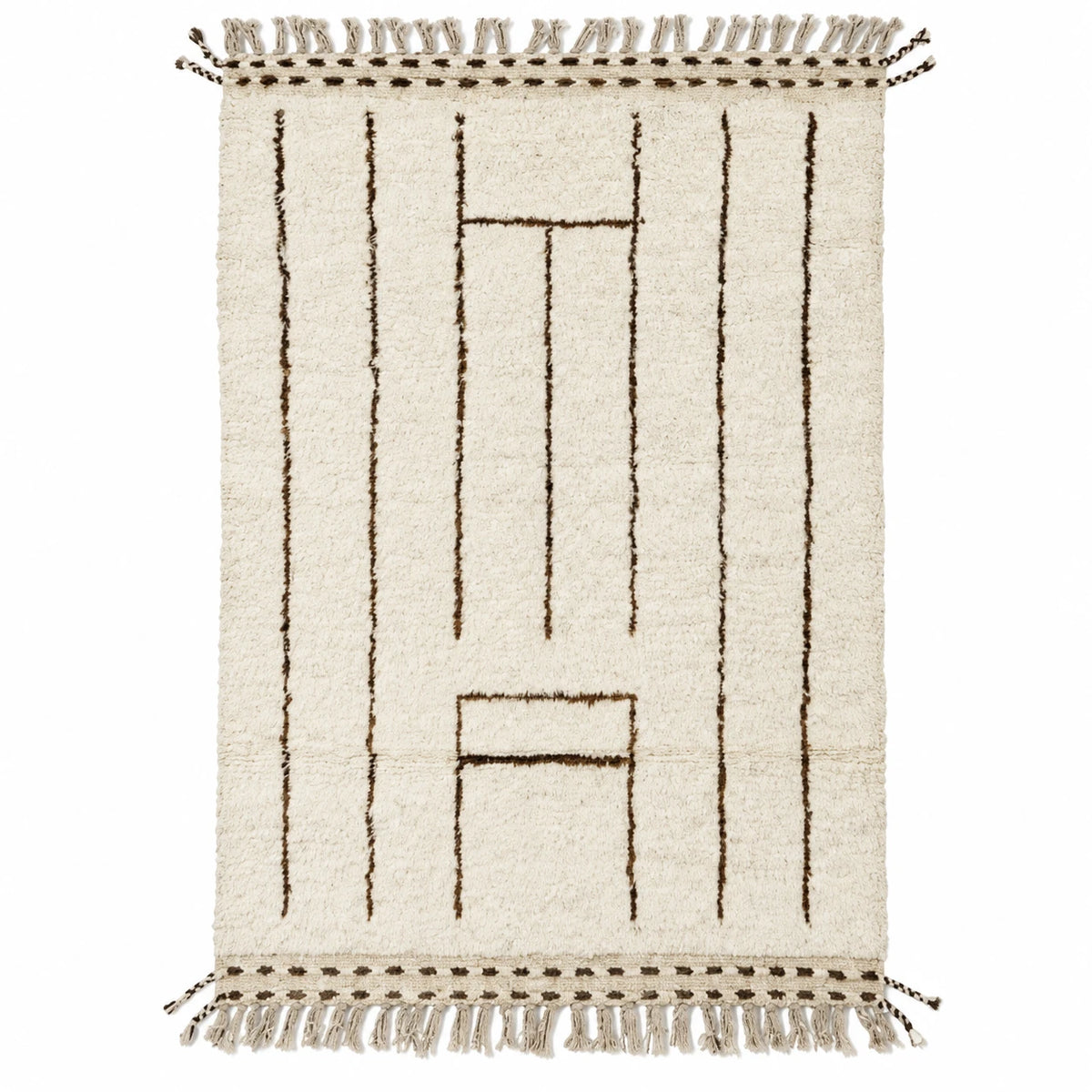 Front view of Beni Ourain wool rug, cream ground with fine black lines and small rectangles