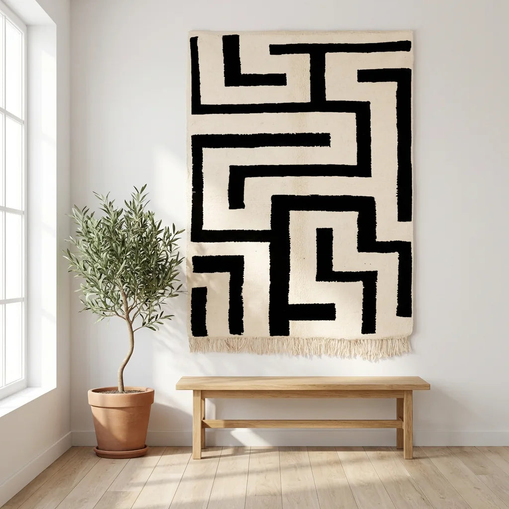 Beni Ourain wool rug, cream ground with a bold black maze pattern, product view 2