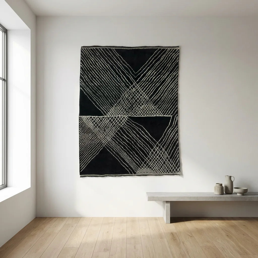 Beni Ourain wool rug, black ground with fine light diagonal lines, product view 2