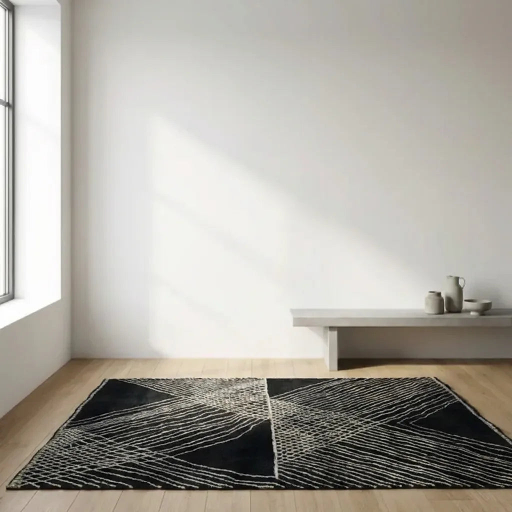 Beni Ourain wool rug, black ground with fine light diagonal lines, product view 3