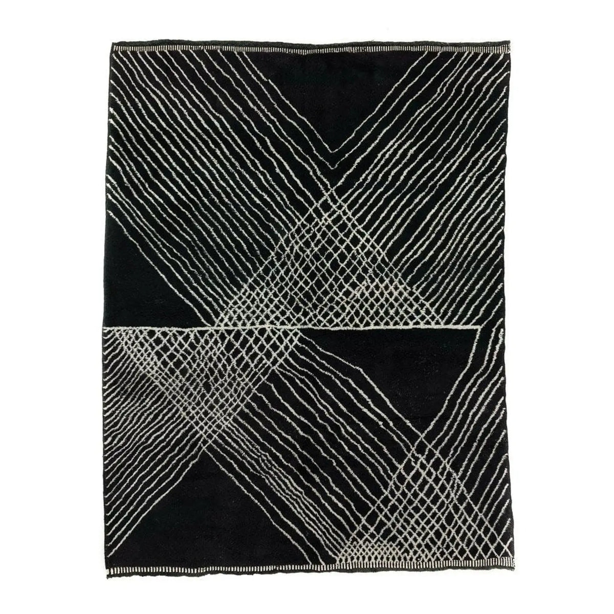 Front view of Beni Ourain wool rug, black ground with fine light diagonal lines