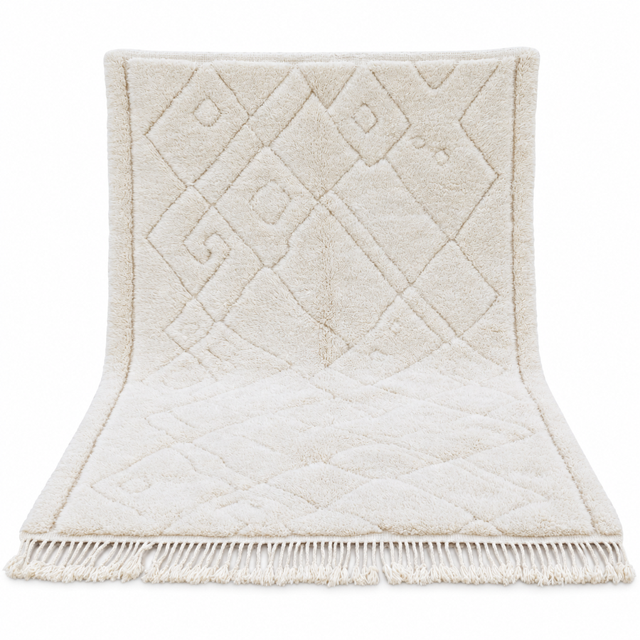 Natural White Beni Ourain Rug with Abstract Lines, 315 × 242 cm.