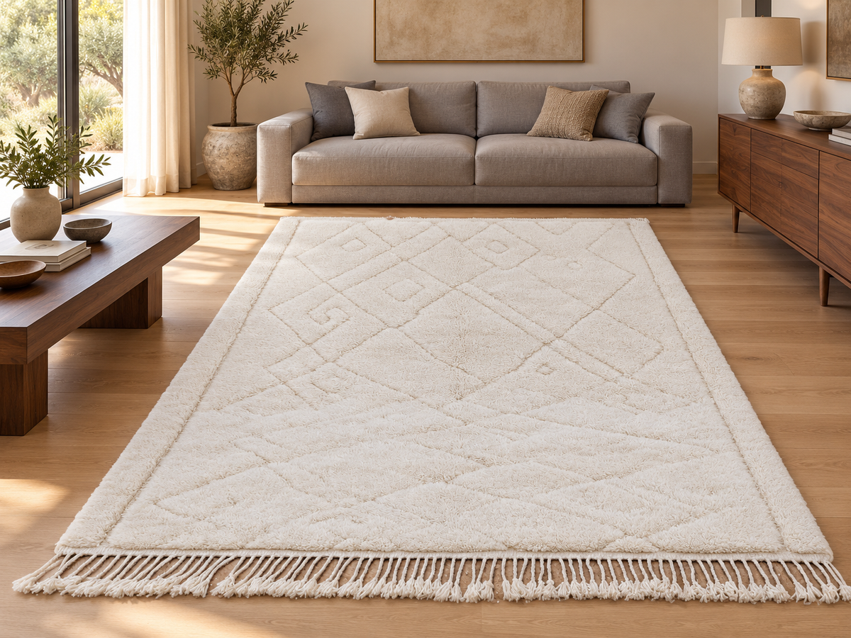 Room visualization featuring Natural White Beni Ourain Rug with Abstract Lines, 315 × 242 cm.