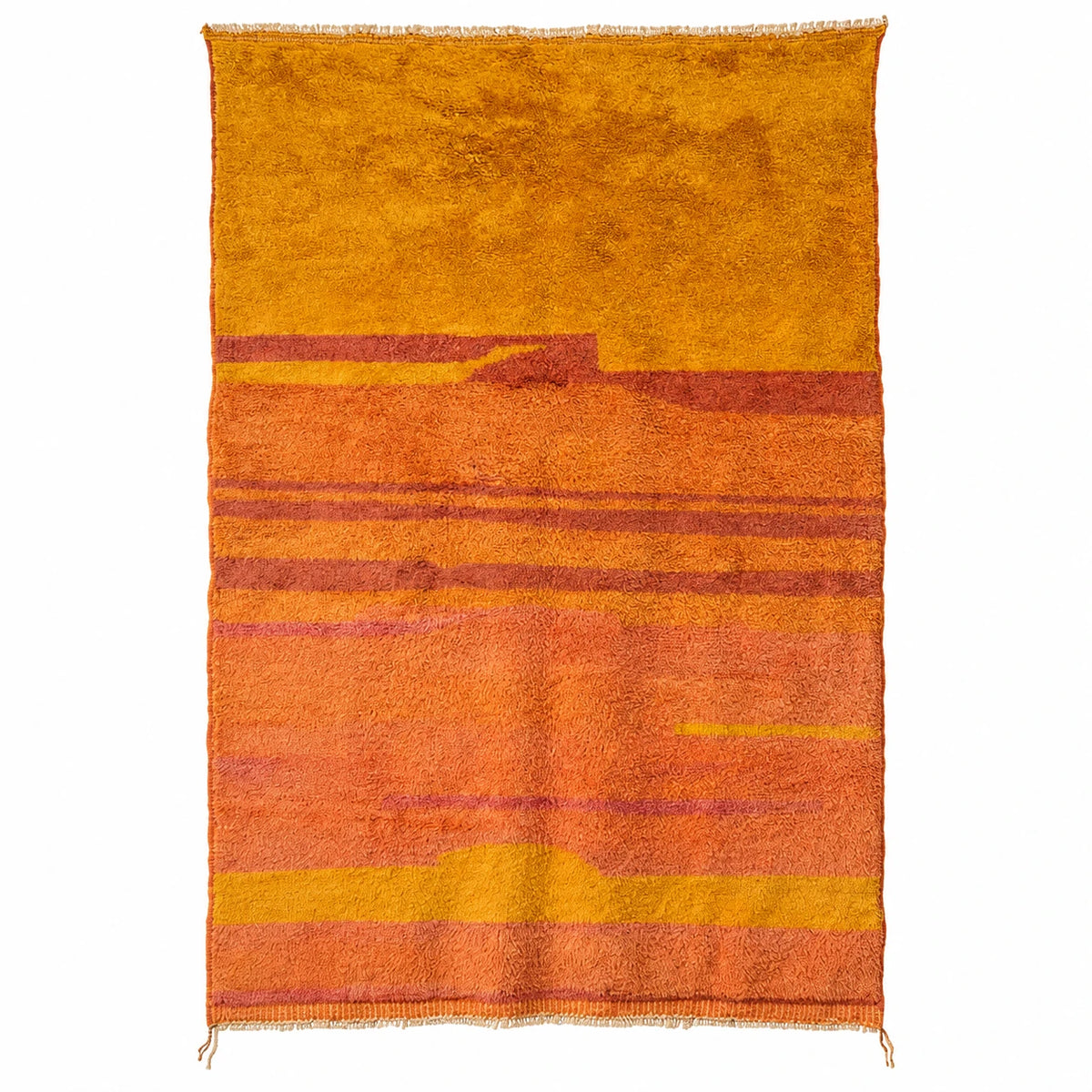 Front view of Beni Ourain wool rug, orange ground with reddish horizontal lines