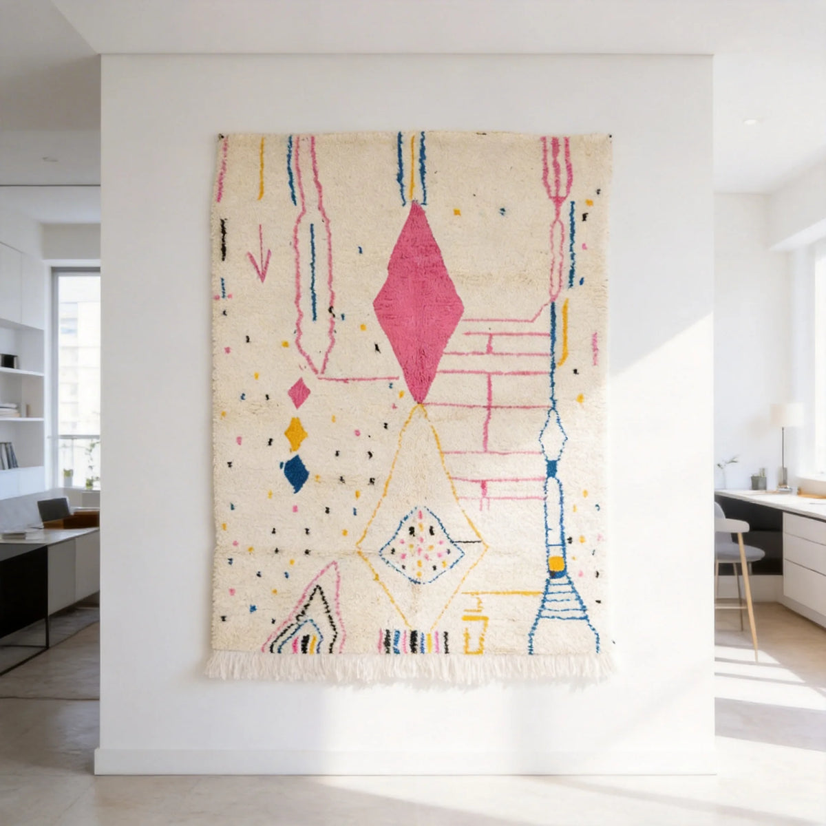 Beni Ourain wool rug, cream ground with a pink center diamond and colorful symbols, product view 2