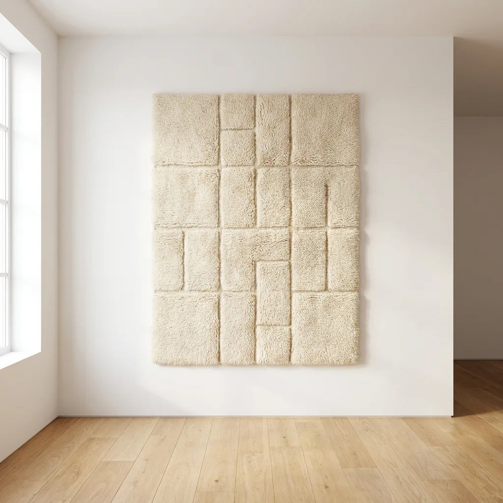 Beni Ourain wool rug, cream ground with a tonal square relief pattern, product view 2