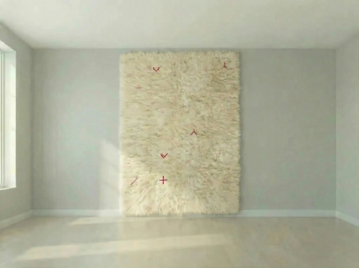 Beni Ourain wool rug, cream ground with small red crosses and angular marks, product view 2