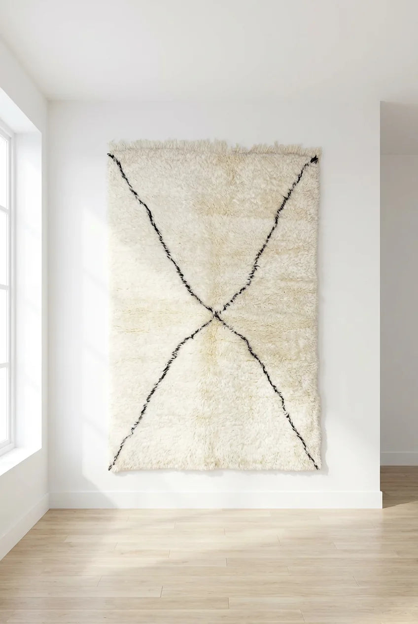Beni Ourain wool rug, cream ground with two curved black diagonal lines, product view 2