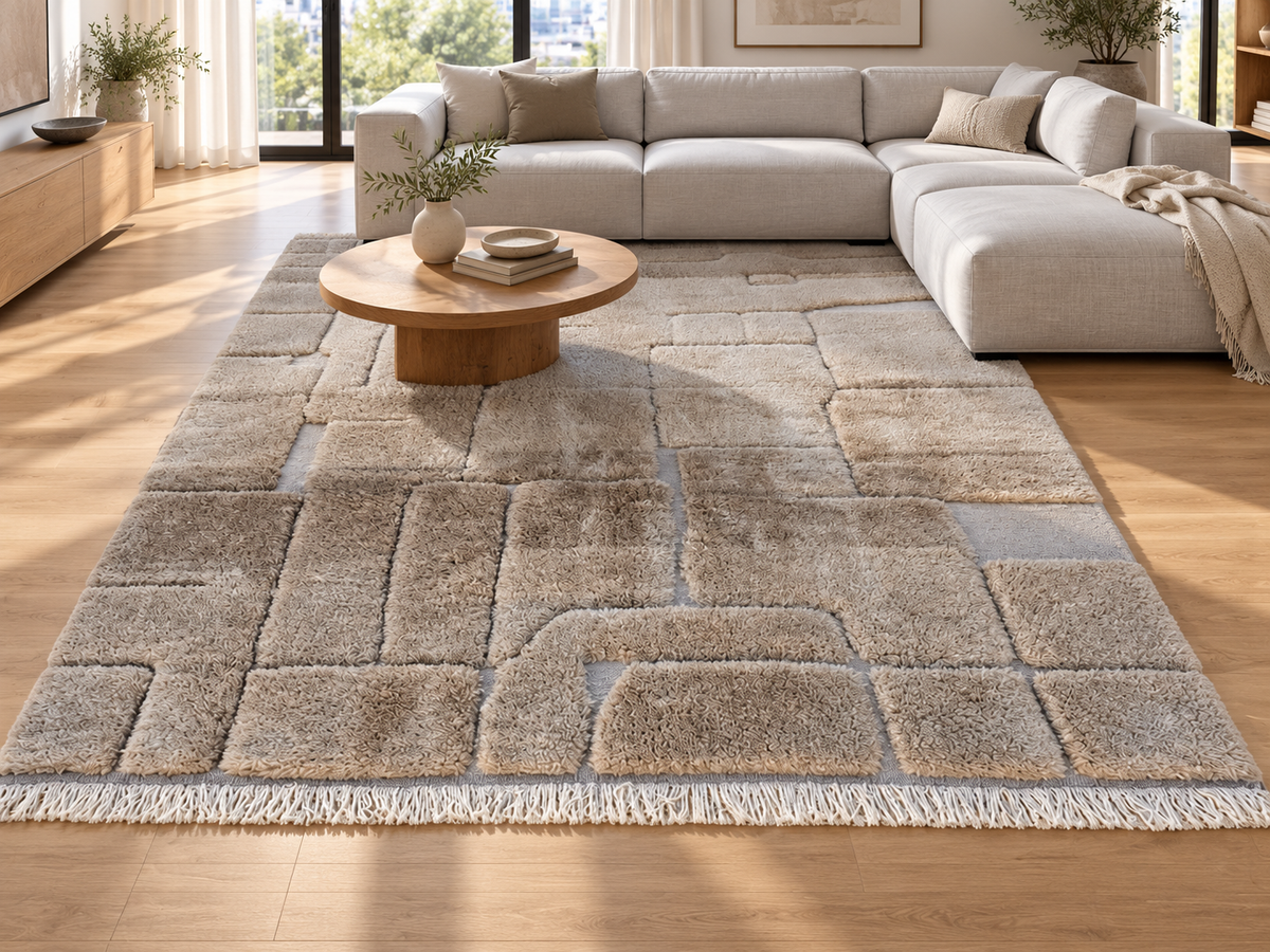 Room visualization featuring Taupe Beni Ourain Wool Rug with Block Relief, 370 × 283 cm.