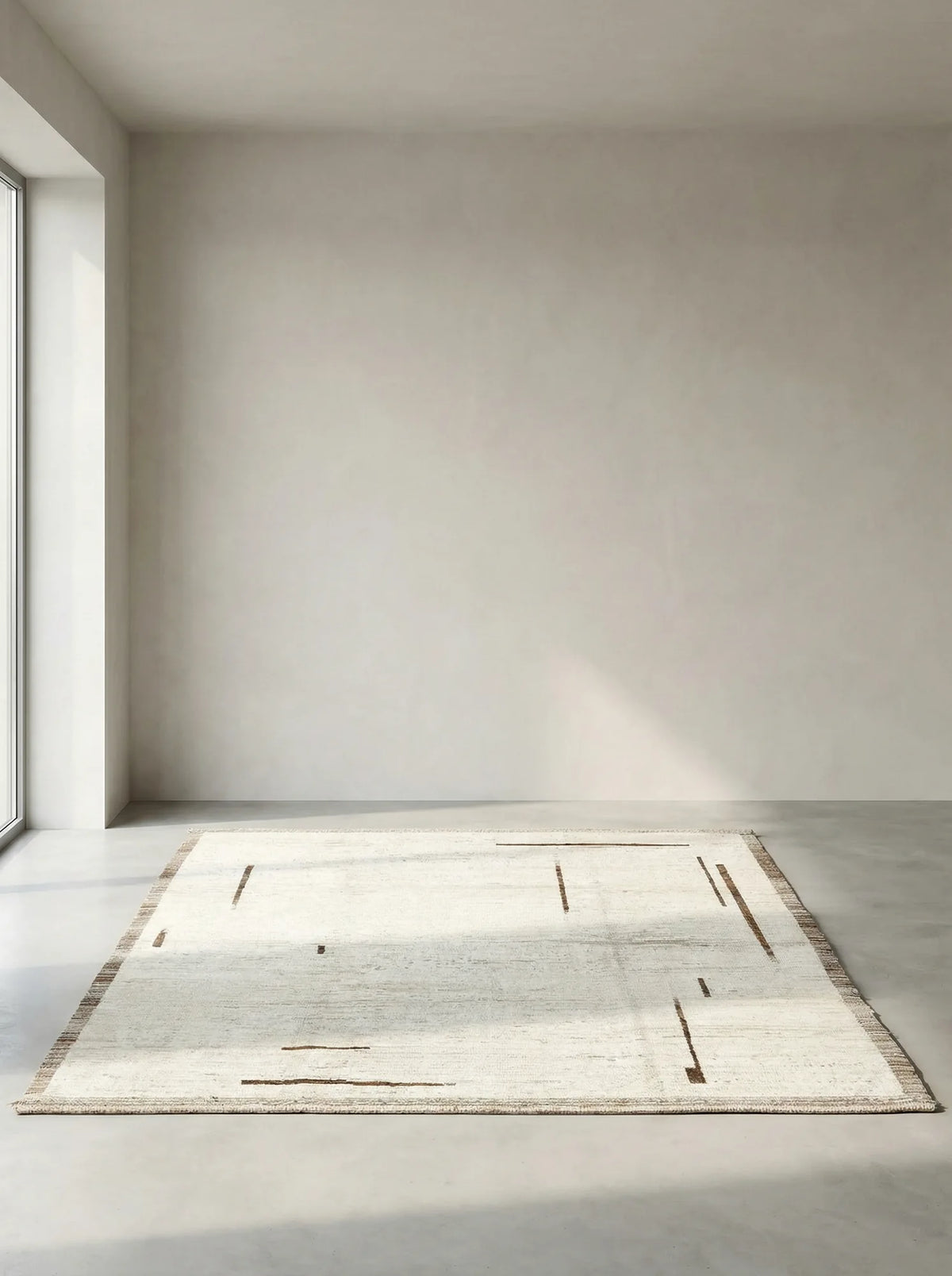 Beni Ourain wool rug, cream ground with loosely arranged black lines, product view 2