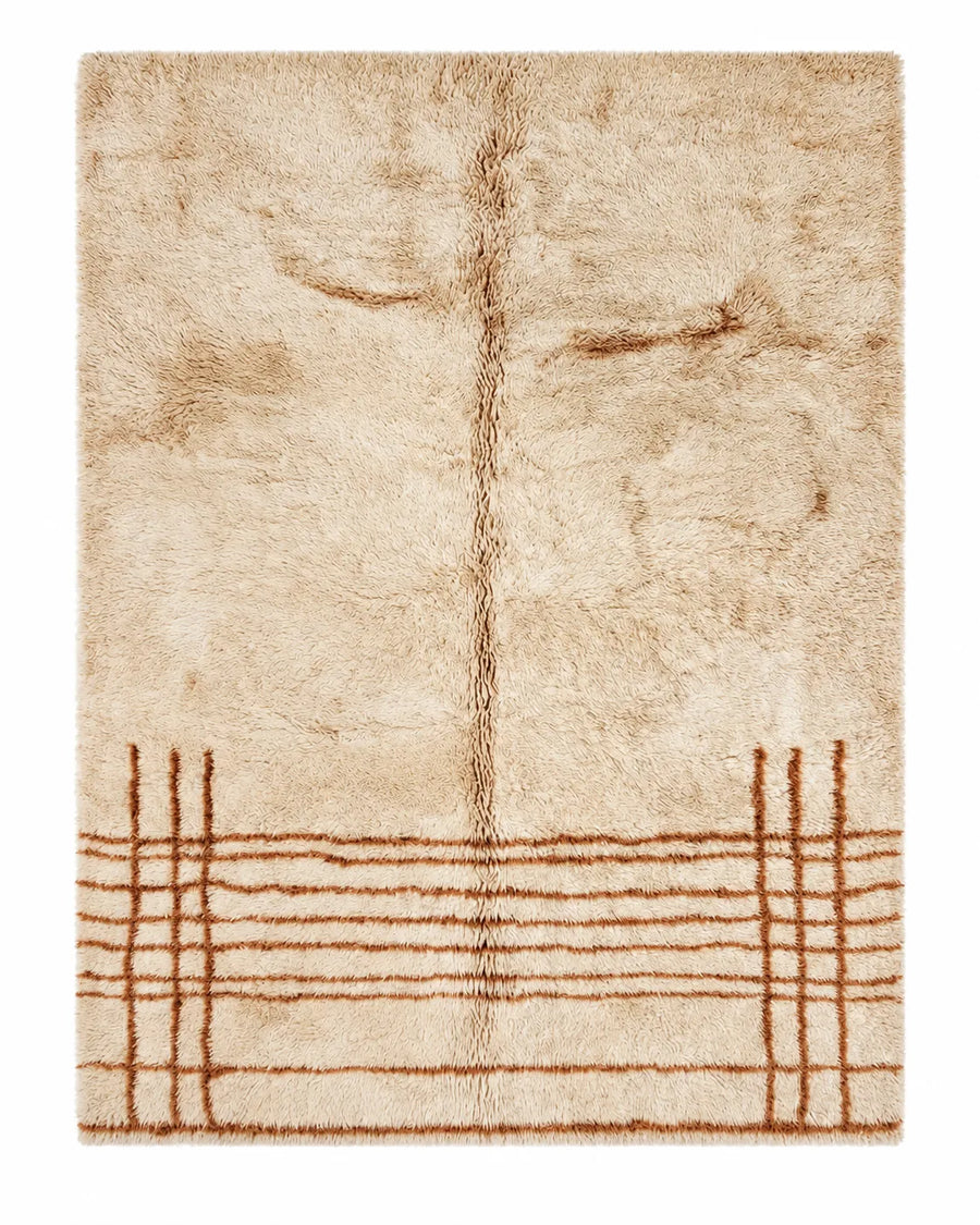 Front view of Beni Ourain wool rug, natural white and pale beige wool with a rust-brown grid