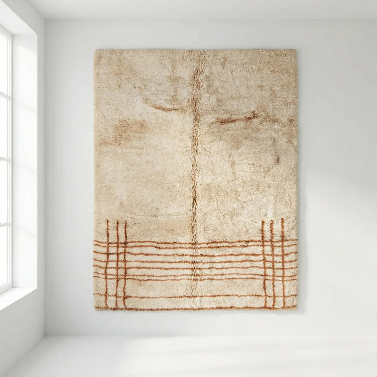 Beni Ourain wool rug, natural white and pale beige wool with a rust-brown grid, product view 2