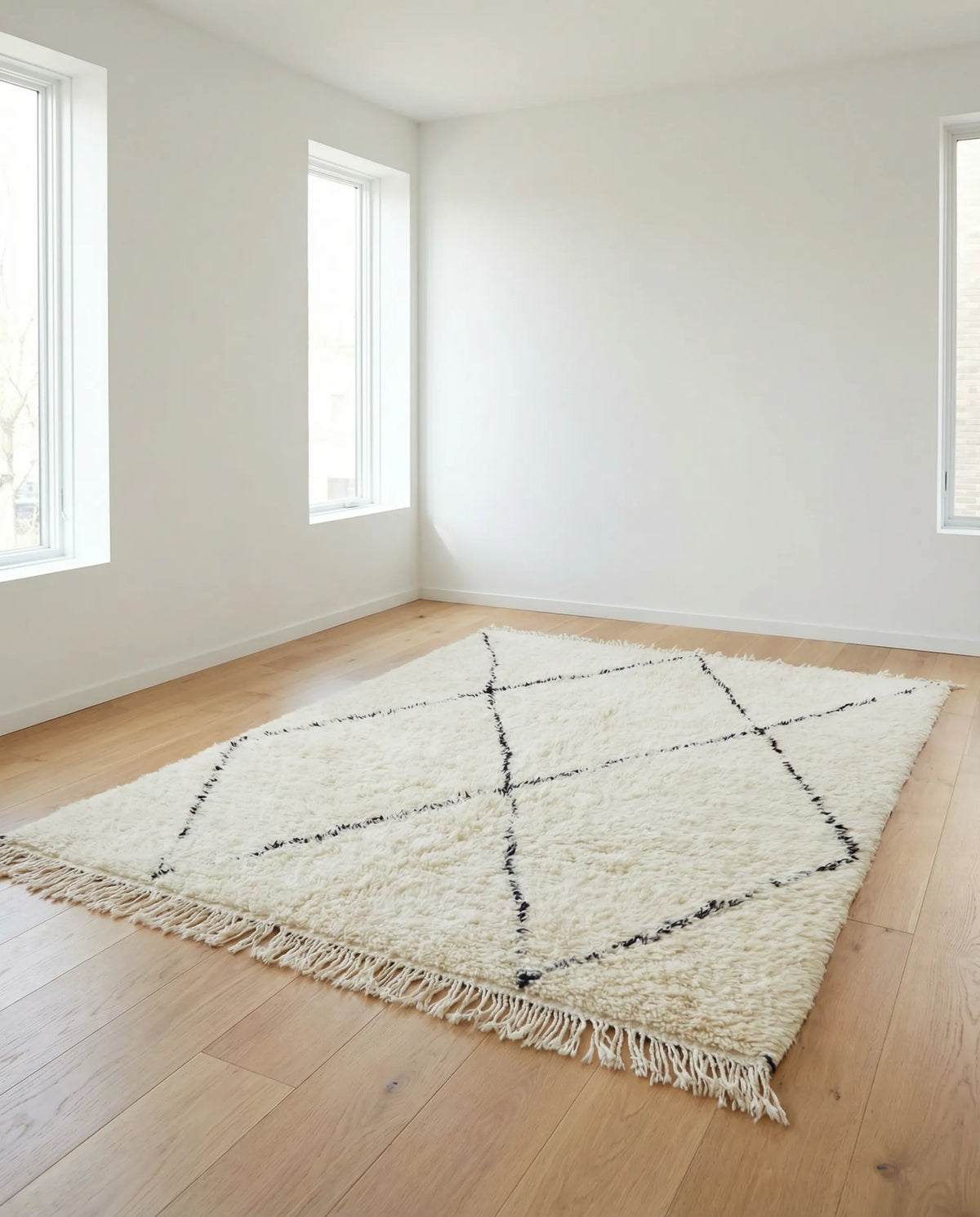 Beni Ourain wool rug, black diamond outlines on natural white high-pile wool, product view 4