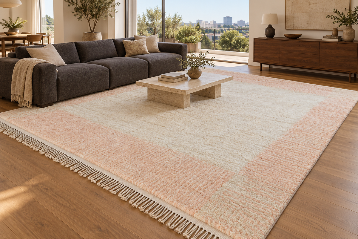 Room visualization featuring Cream and Peach Moroccan Rug with Border, 428 × 397 cm.