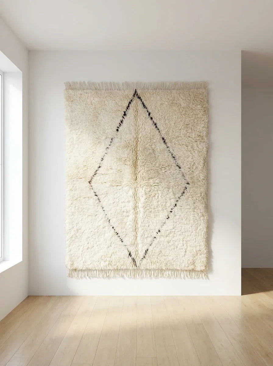 Moroccan wool rug, cream ground with a large dark center diamond, product view 2