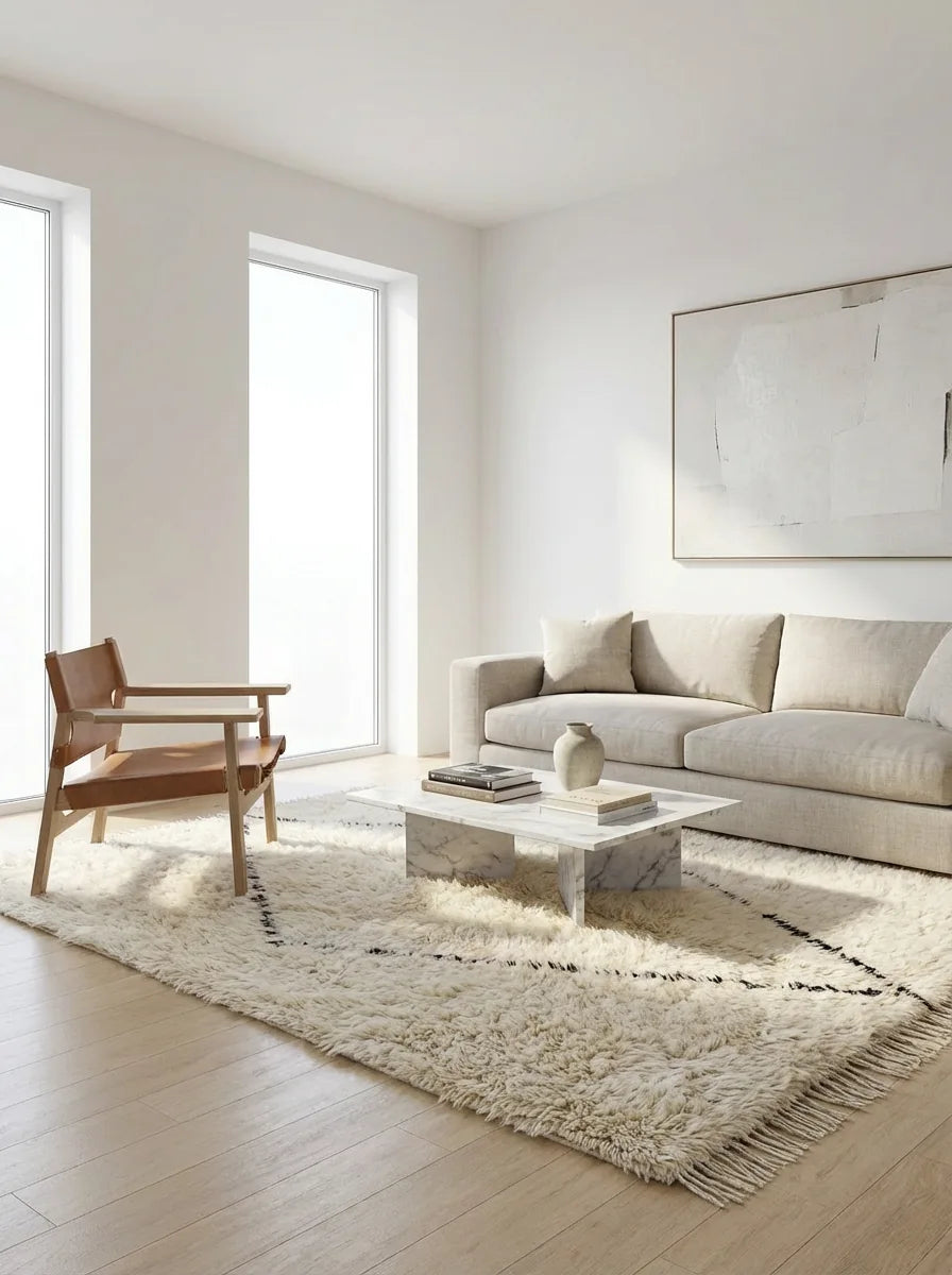 Moroccan wool rug, cream ground with a large dark center diamond, product view 3