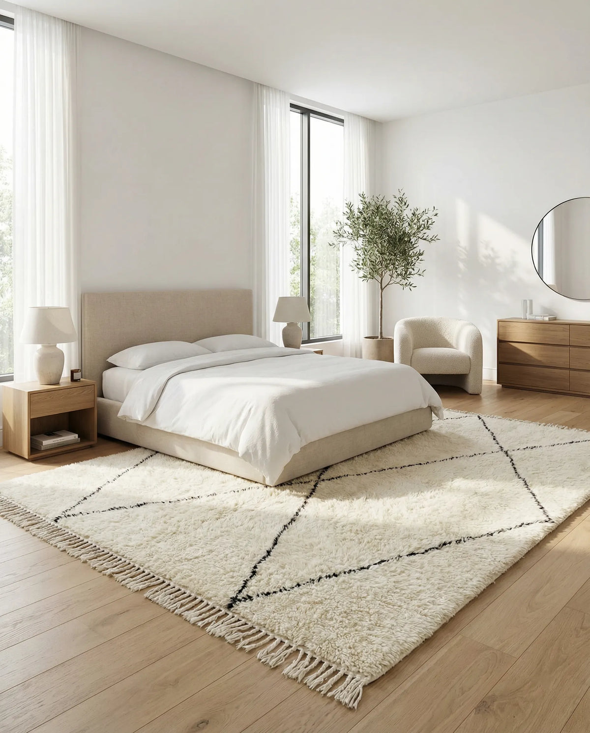 Beni Ourain wool rug, black diamond outlines on natural white high-pile wool in a bedroom setting