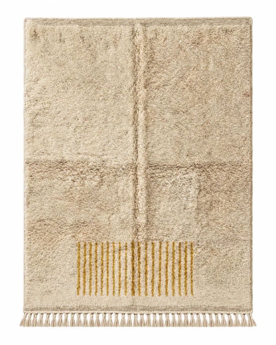 Front view of Mrirt wool rug, subtle block divisions and mustard yellow lines on cream wool