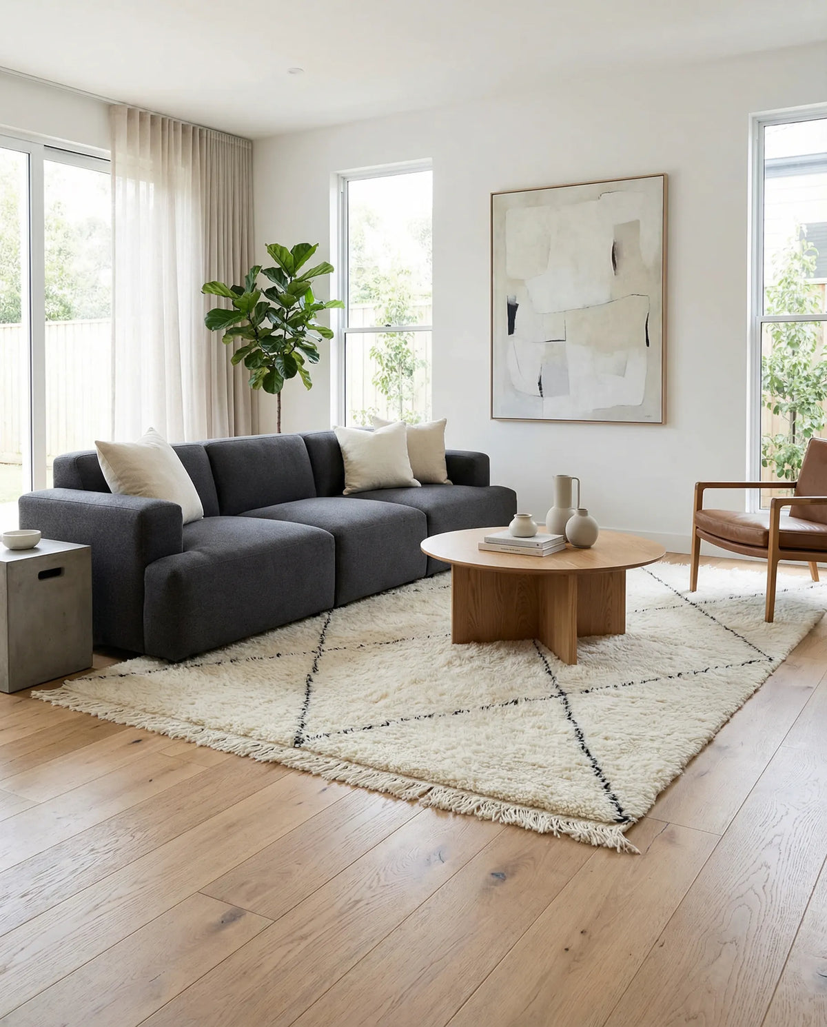Beni Ourain wool rug, black diamond outlines on natural white high-pile wool in a living room setting