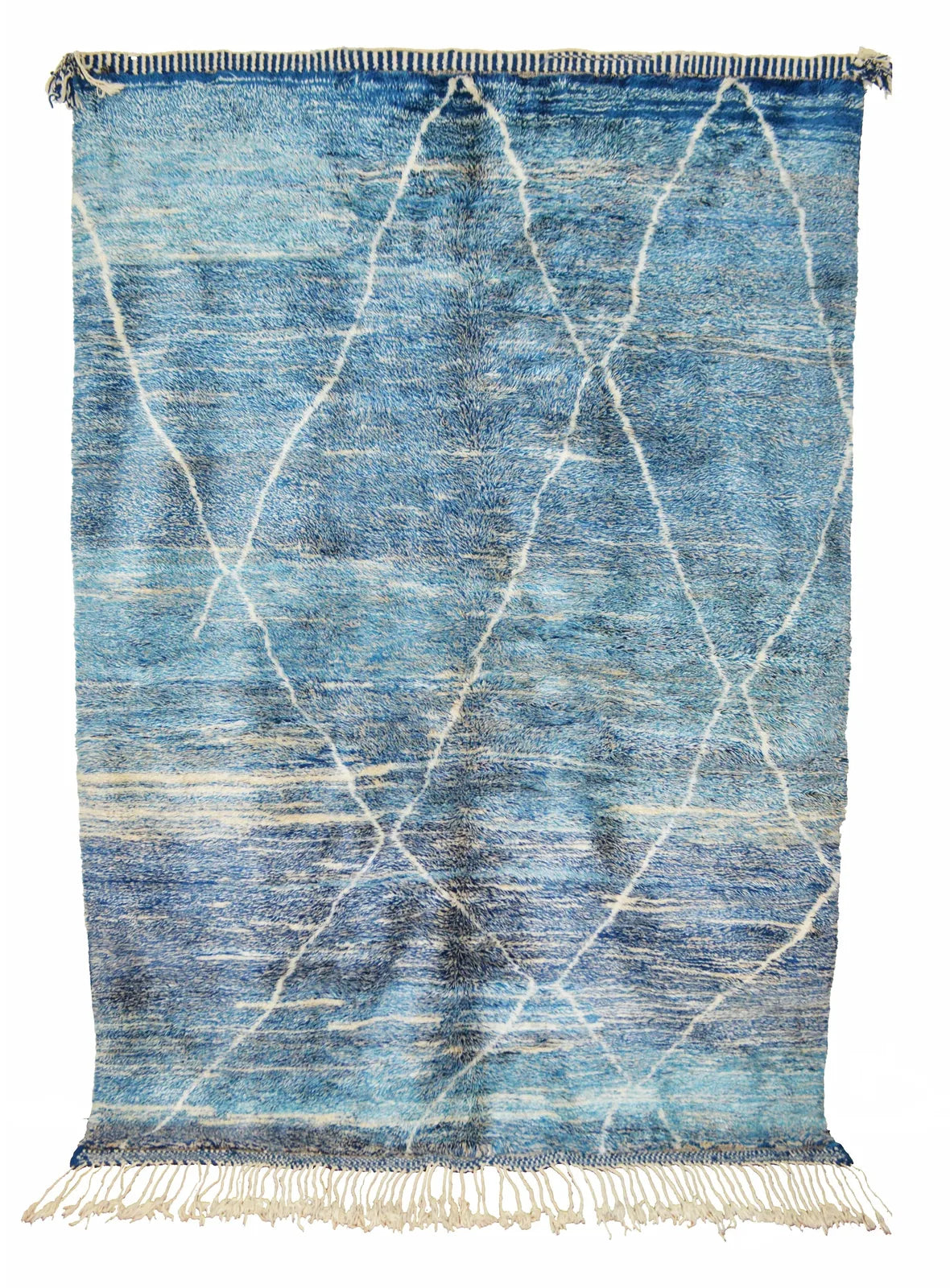 Front view of Moroccan wool rug, blue wool ground