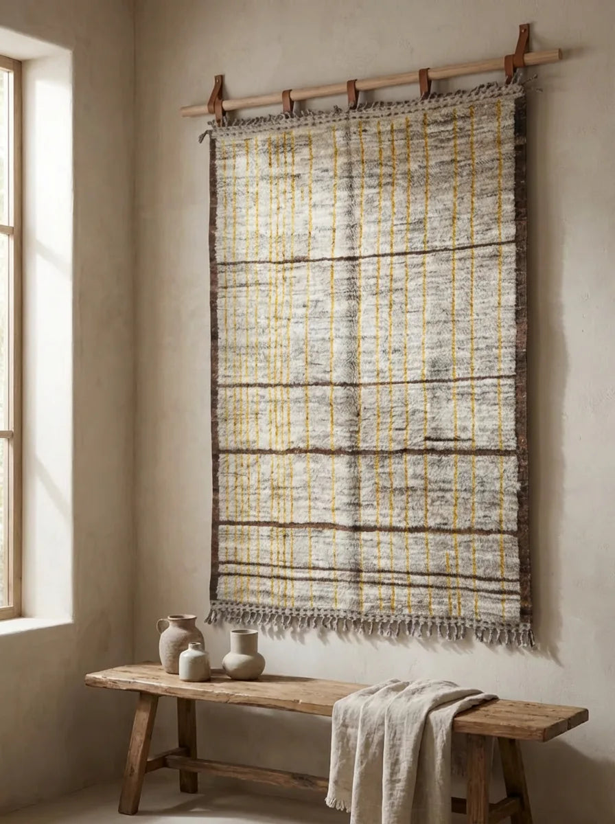 Moroccan wool rug, natural beige ground with dark horizontal bands, product view 3
