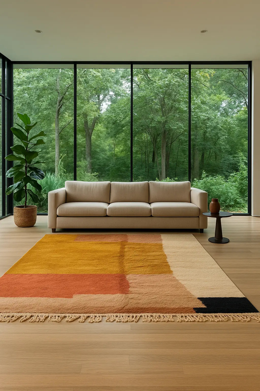 Moroccan wool rug, ochre and terracotta ground with cream and dark blocks, product view 3
