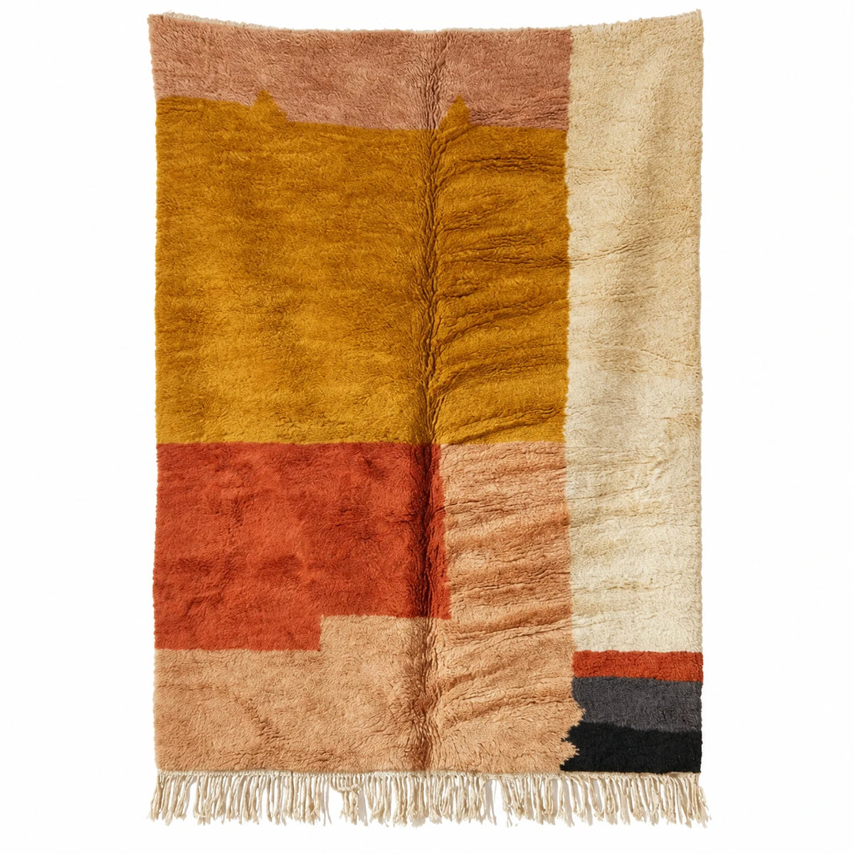 Front view of Moroccan wool rug, ochre and terracotta ground with cream and dark blocks