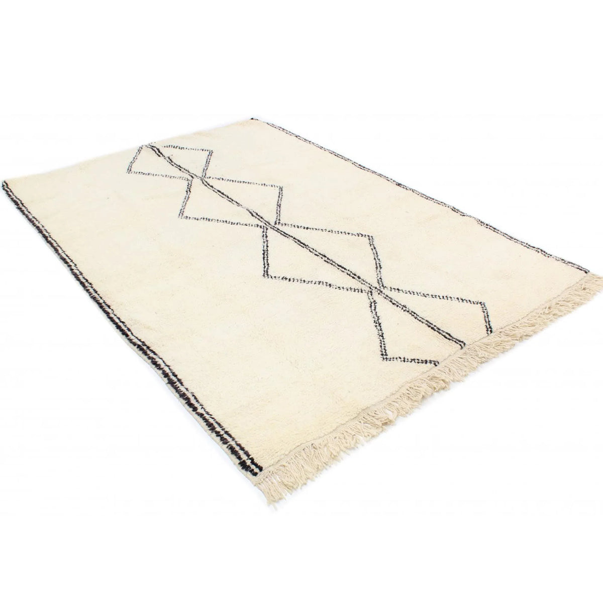 Moroccan wool rug, cream ground with three slender dark diamonds, product view 2
