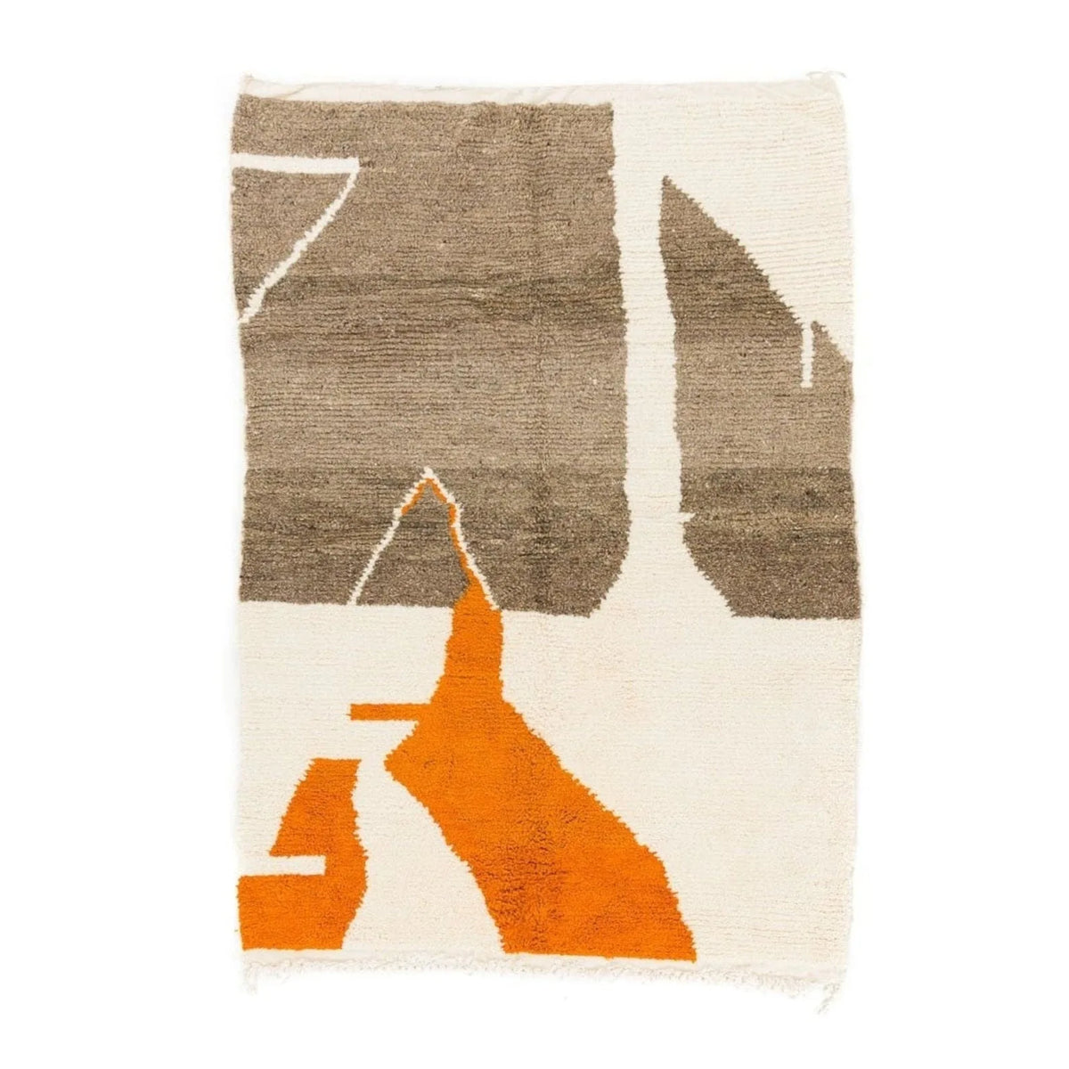 Front view of Moroccan wool rug, cream ground with brown and orange geometric shapes