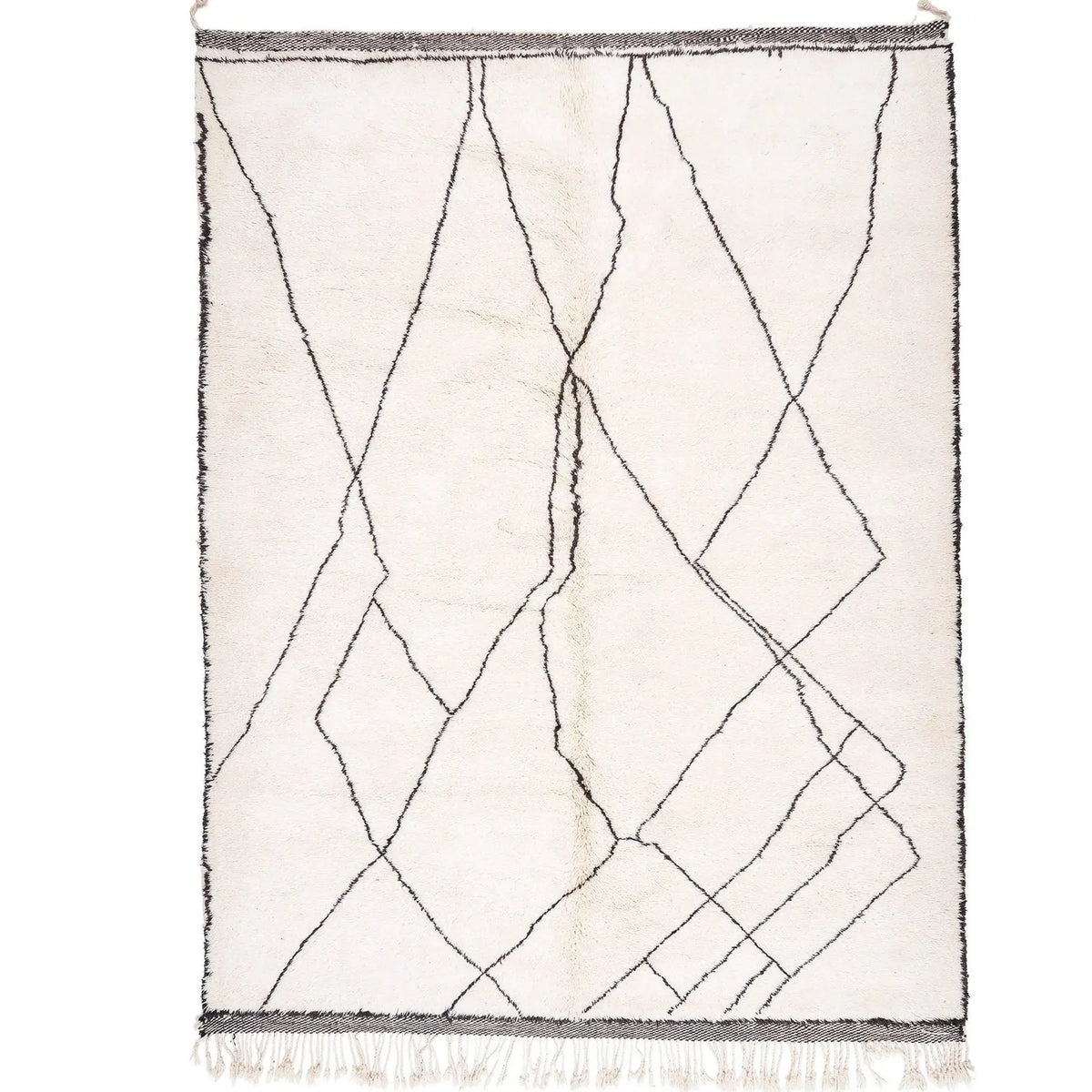 Front view of Moroccan wool rug, cream ground with irregularly connected black diamonds
