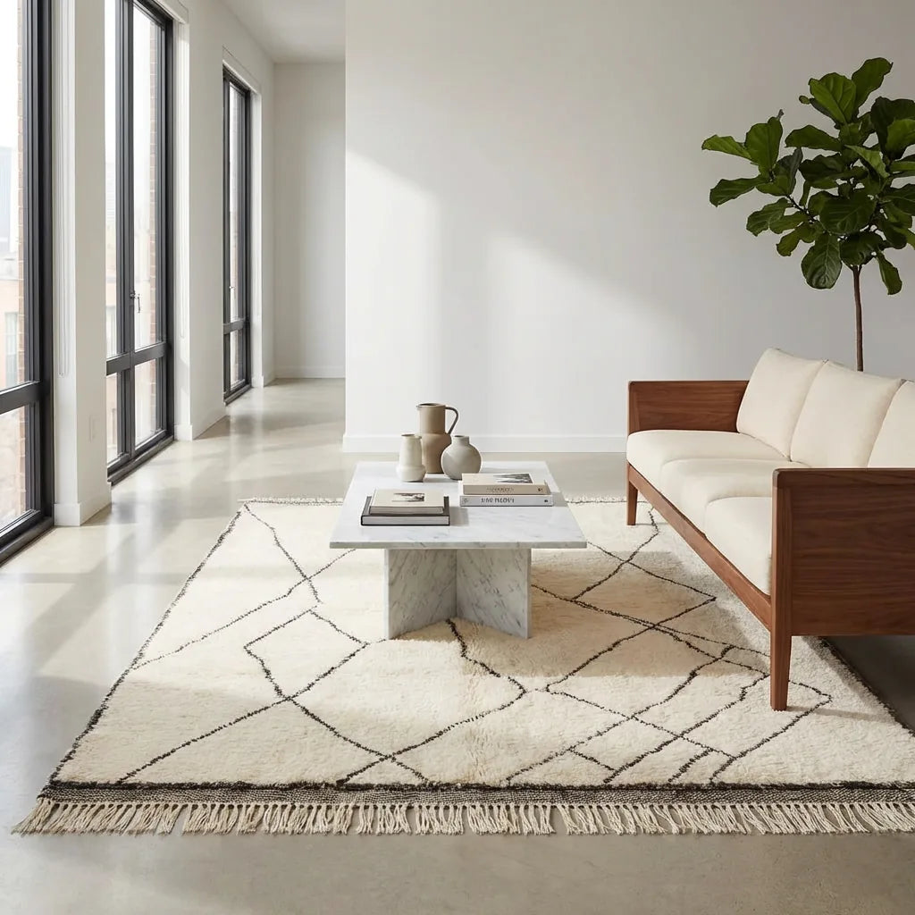 Moroccan wool rug, cream ground with irregularly connected black diamonds, product view 3