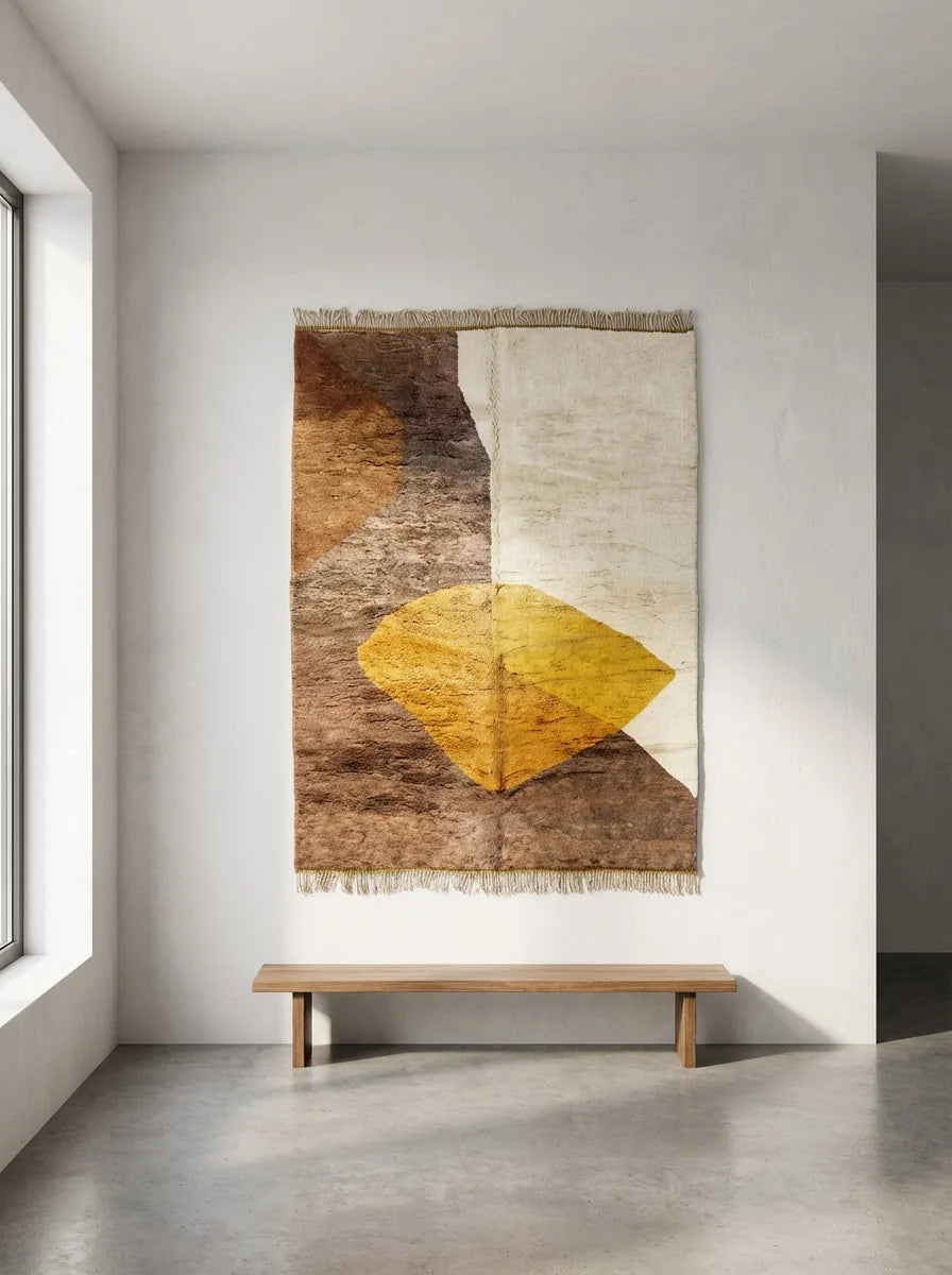 Moroccan wool rug, beige and brown ground with a yellow geometric shape, product view 2