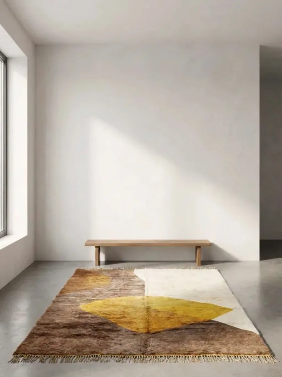 Moroccan wool rug, beige and brown ground with a yellow geometric shape, product view 3