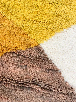 Moroccan wool rug, beige and brown ground with a yellow geometric shape, product view 4