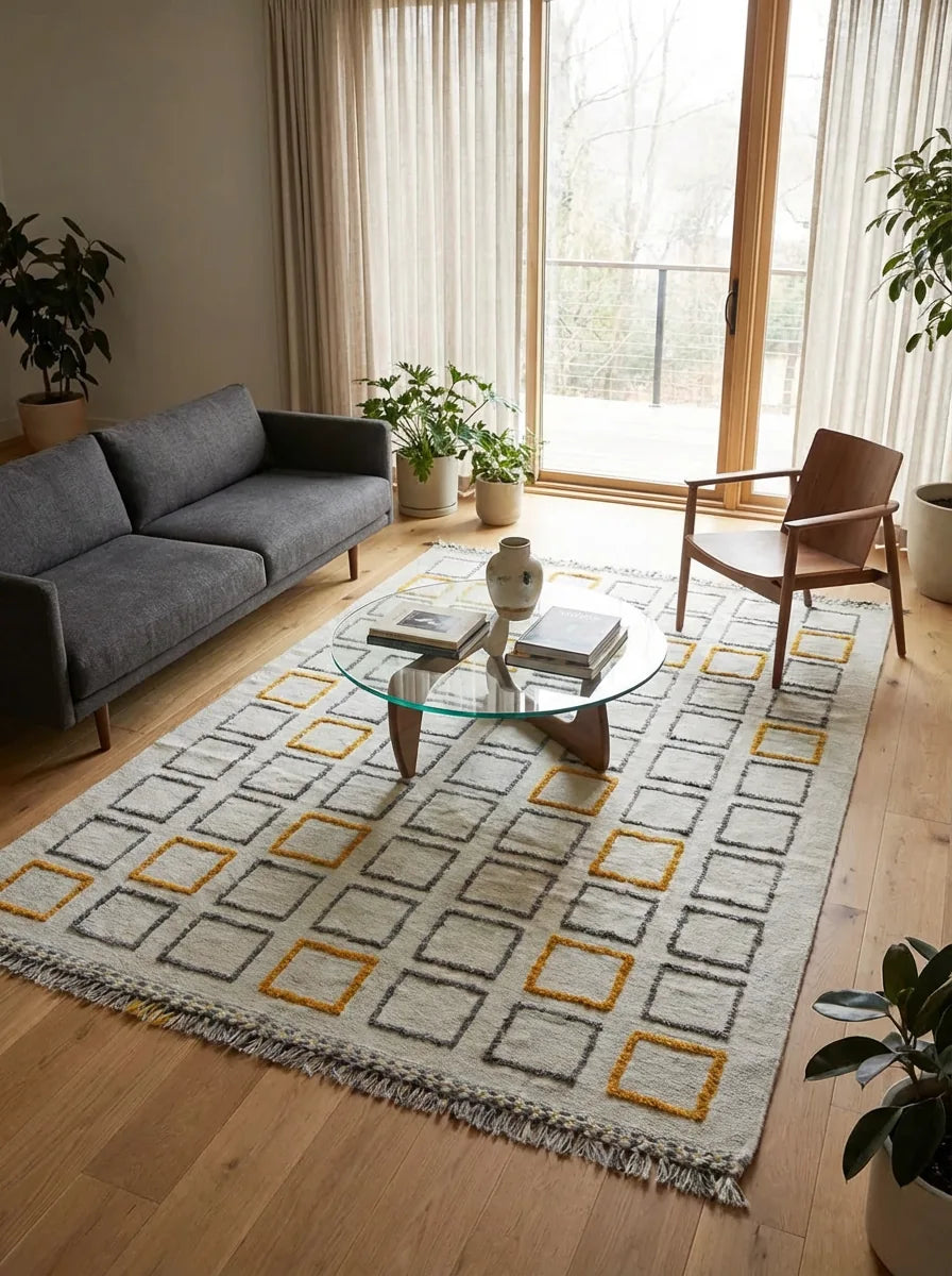 Moroccan wool rug, cream ground with brown rows of rectangles and yellow accents, product view 3