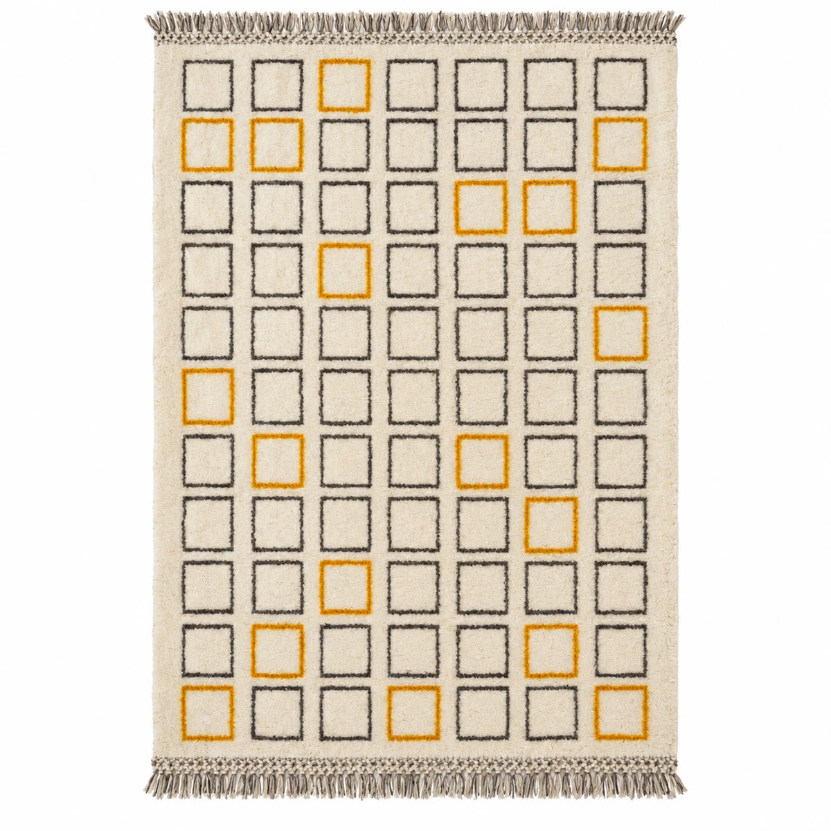 Front view of Moroccan wool rug, cream ground with brown rows of rectangles and yellow accents