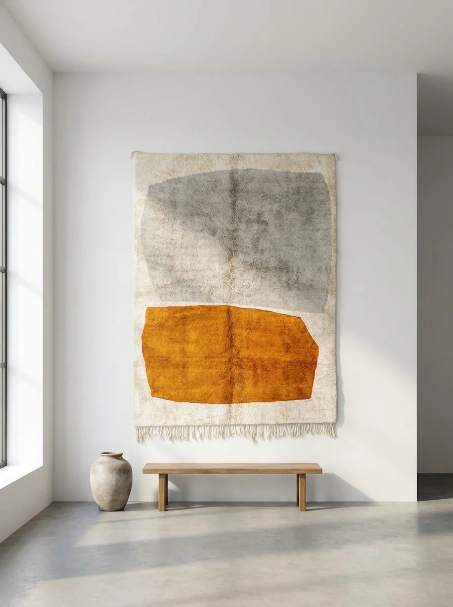 Moroccan wool rug, cream ground with gray and ochre color blocks, product view 2