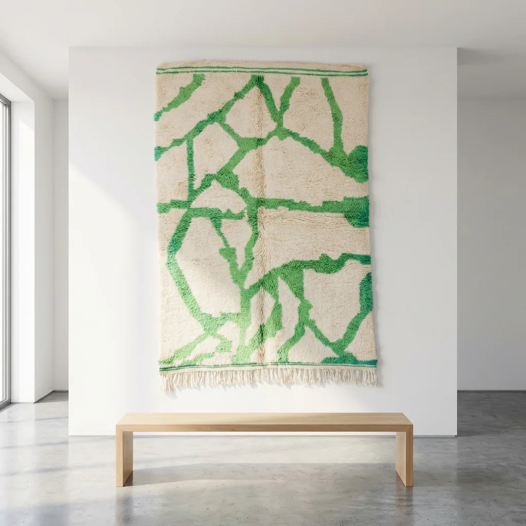 Moroccan wool rug, cream ground with bold branching green lines, product view 2