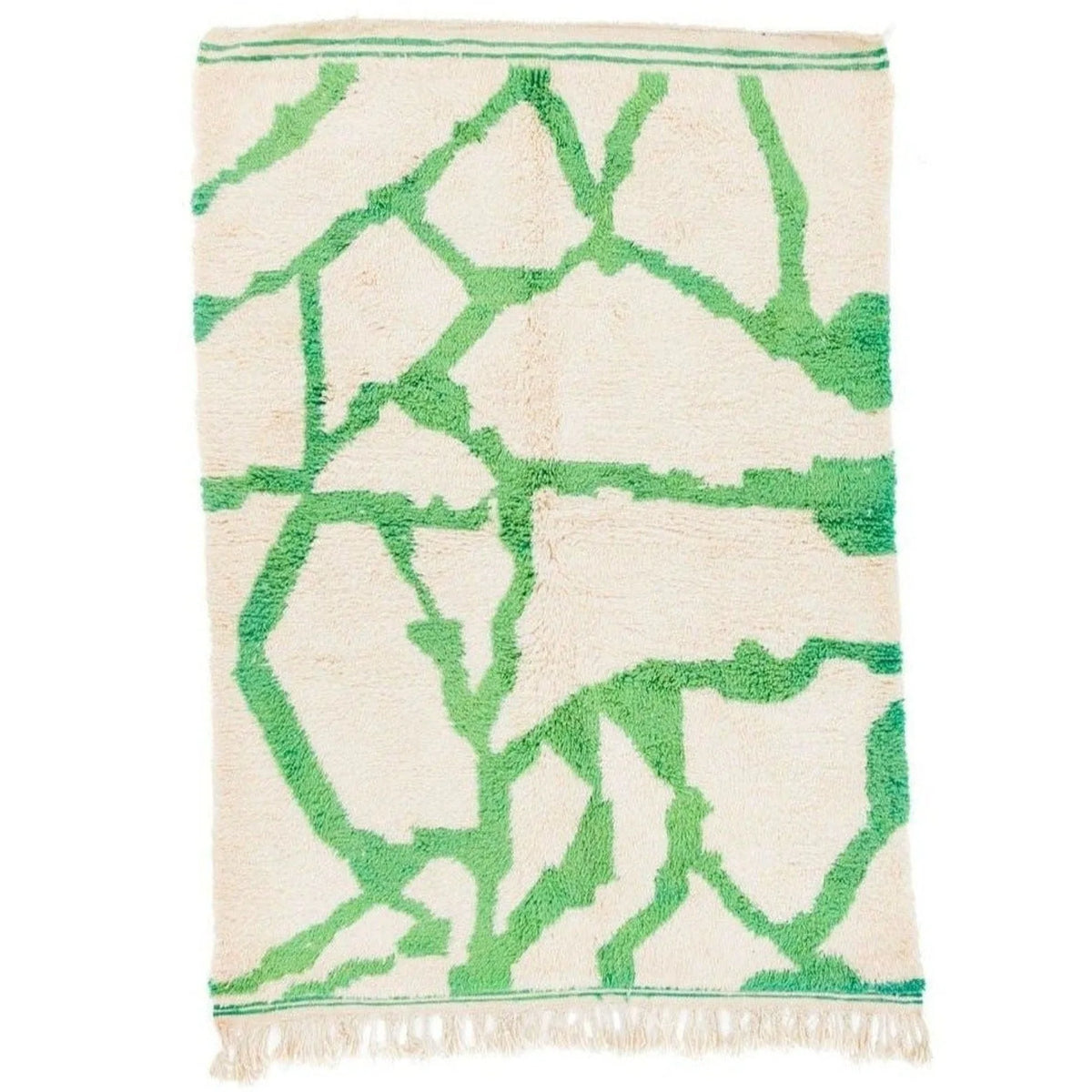 Front view of Moroccan wool rug, cream ground with bold branching green lines