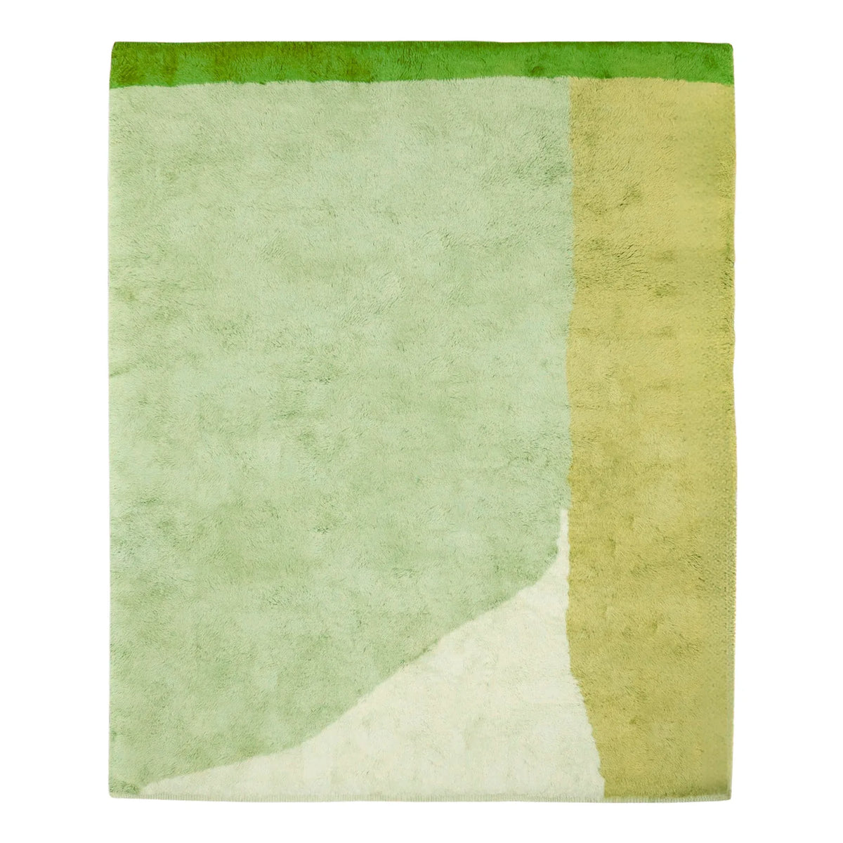 Front view of Moroccan wool rug, light green ground with an olive green side stripe
