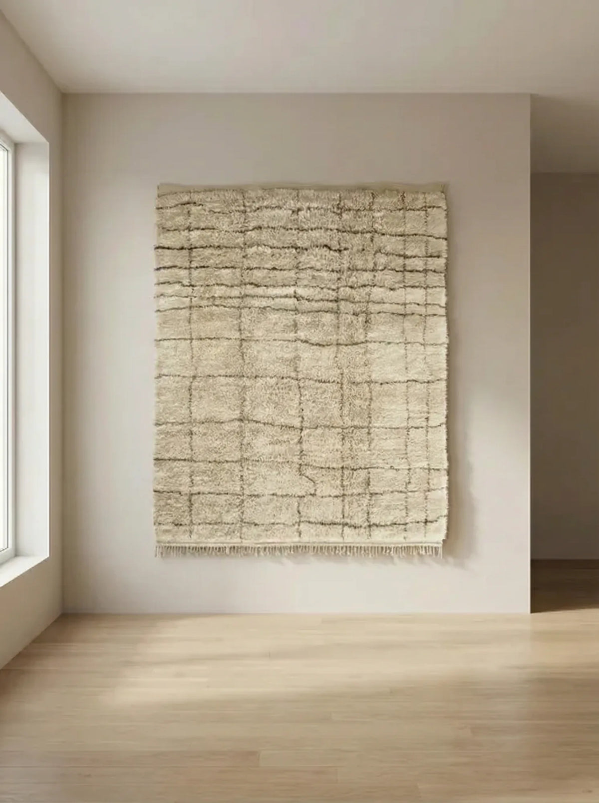 Moroccan rug, cream ground with a dense geometric line pattern, product view 2