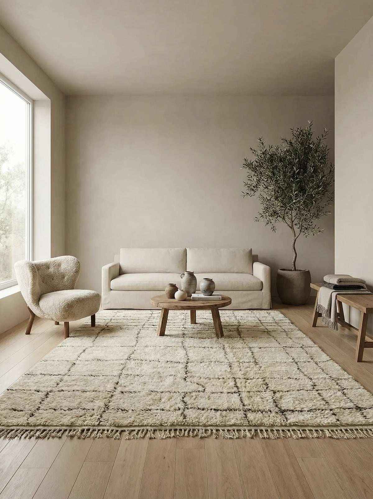 Moroccan rug, cream ground with a dense geometric line pattern, product view 3