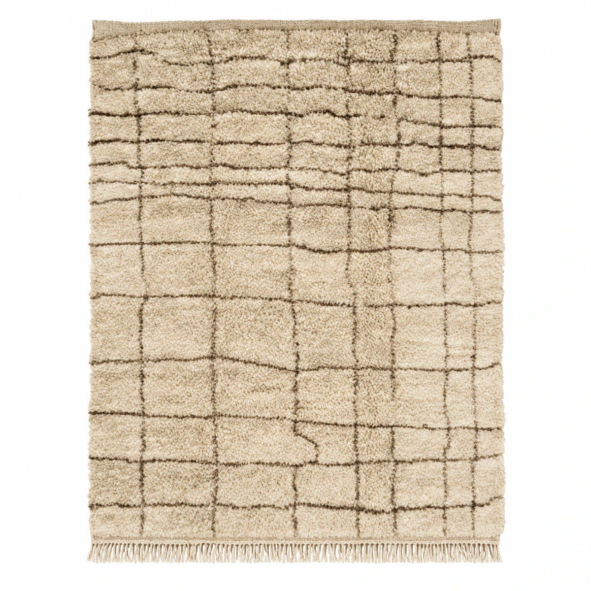 Front view of Moroccan rug, cream ground with a dense geometric line pattern