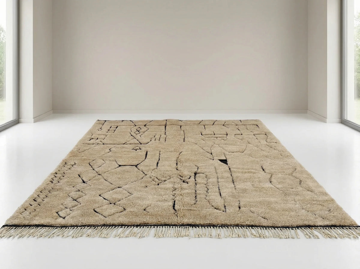 Moroccan wool rug, cream ground with fine black geometric lines, product view 2
