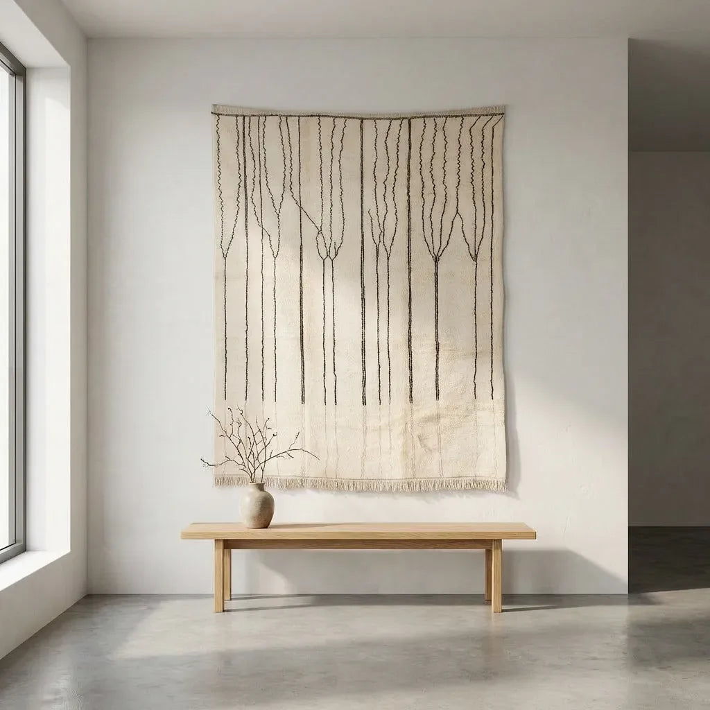 Moroccan wool rug, cream ground with fine branching black vertical lines, product view 2